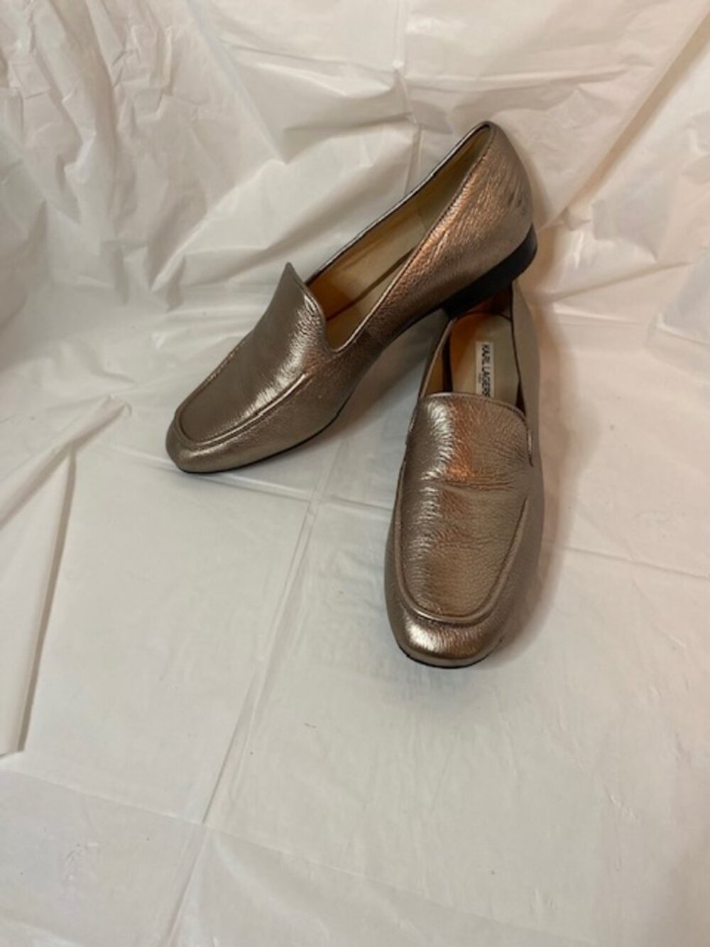 Karl Lagerfeld Paris Brynn Metallic Leather Loafers Bronze Pewter Women’s Size 9